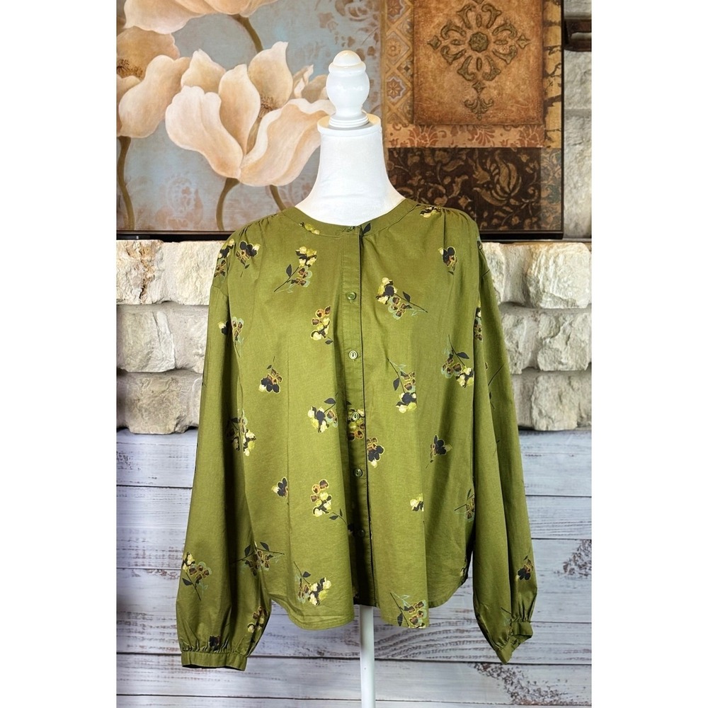 a.n.a A New Approach Sage Green Floral Cotton Balloon Sleeve Blouse XL
